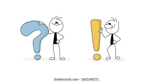 Figura de palo de garabato: hombre con signo de interrogación, signo de exclamación. Dibujado a mano Ilustración vectorial de dibujos animados para el diseño de negocios.