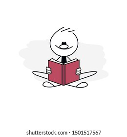 Doodle Stick Figure: Man Reading A Book. Hand Drawn Cartoon Vector Illustration For Business And School Design.