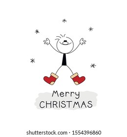 Doodle stick figure: Man in 
Red Felt Boots celebrating new year. Hand drawn cartoon vector illustration. 