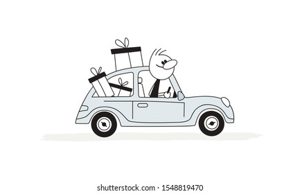 Doodle Stick Figure: Man Riding A Car With Gift Boxes. Hand Drawn Cartoon Vector Illustration For Business And School Design.