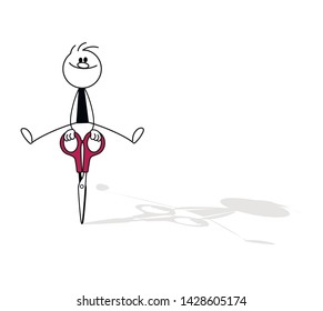 Doodle stick figure: Man with scissors. Hand drawn cartoon vector illustration for business and school design.