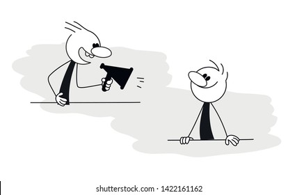 Doodle stick figure: Man shouting through a megaphone. Men talking. Vector.