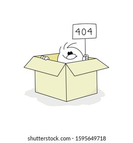 Doodle stick figure: Man sits in a box with a 404 sign. Page or file not found, connection error. Hand drawn cartoon vector illustration for business design.