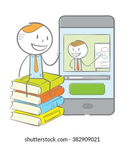 Doodle stick figure: Man sitting on a stack of book while having video chat with teacher on his phone