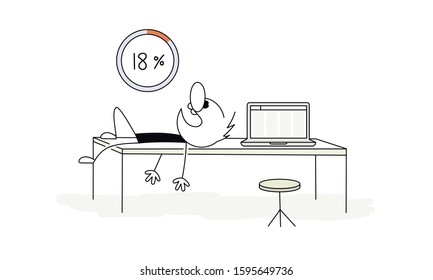 Doodle stick figure: man is sleeping on the table beside a loading wheel with 18 percent. Concept of slowness and waiting. Hand drawn cartoon vector illustration for business design.