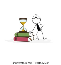 Doodle stick figure: Man with stack of books and hourglass. Hand drawn cartoon vector illustration for business and school design.