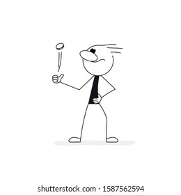 Doodle stick figure: Doodle stick figure: Man tosses a coin. Hand drawn cartoon vector illustration for business design.