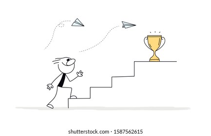 Doodle Stick Figure: Man Walking Up The Stairs With Golden Cup On The Top To Her Goal. Career Progression, Reaching Aim, Motivation, Aspiration, Growth, Leadership.