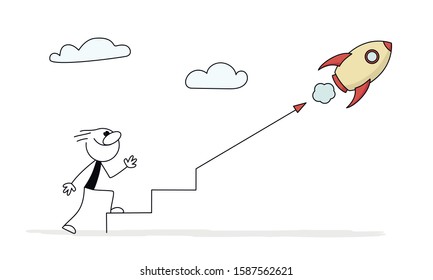 Doodle Stick Figure: Doodle Stick Figure: Man Walking Up The Stairs. Business Infographic For Start Up. Hand Drawn Cartoon Vector Illustration For Business Design.