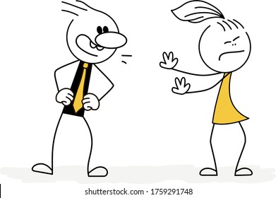 Doodle stick figure: man and woman quarrel. Vector.
