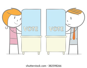 Doodle stick figure: Man and woman in a voting booth