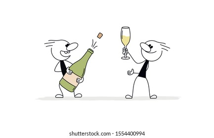 Doodle stick figure: men with bottle of champagne and wine glass. Hand drawn cartoon vector illustration.