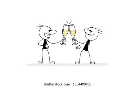 Doodle stick figure: Men clink glasses. Hand drawn cartoon vector illustration for business design.