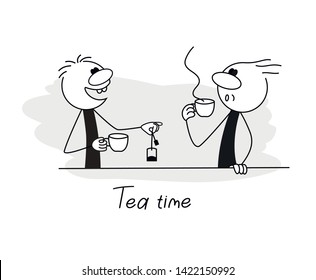 Doodle stick figure: Men drinking tea. Vector