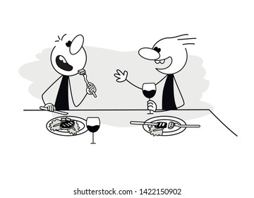 Doodle stick figure: Men eating, drinking wine, talking. Vector