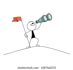 Doodle stick figure: Men with flag and binoculars. Hand drawn vector illustration for business design.