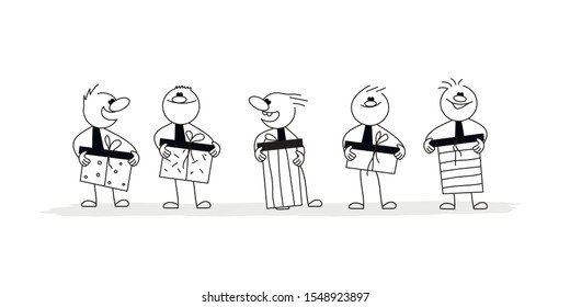 Doodle stick figure: Men with gift boxes. Hand drawn cartoon vector illustration for business and school design.