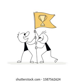 Doodle stick figure: Men install a flag. Hand drawn cartoon vector illustration for business design.