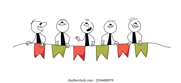 Doodle stick figure: men on holiday. Holiday concept. Hand drawn cartoon vector illustration for business design.