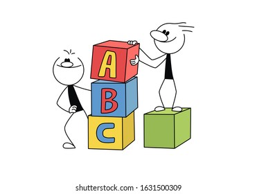 Doodle stick figure: men and tree cubes with letters. Hand drawn cartoon vector illustration for business and school design.