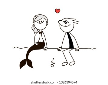 Doodle stick figure: Mermaid and Man are sit on the beach - Vector