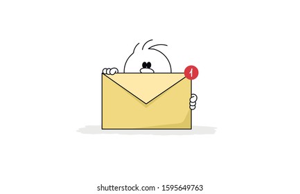Doodle stick figure: New Email, Email, open letter, Inbox message, sms. Man peeks out. Hand drawn cartoon vector illustration for business and web design.