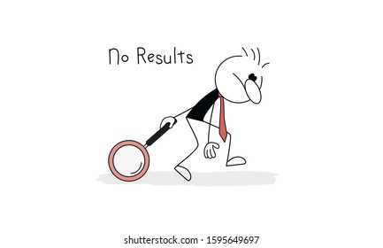 Doodle stick figure: No search results, 404, page not found concept. Sad man with search magnifying glass. Hand drawn cartoon vector illustration for business  and web design.