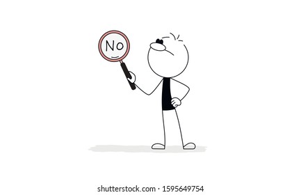 Doodle stick figure: No search results, 404, page not found concept. Man with search magnifying glass. Hand drawn cartoon vector illustration for business  and web design.