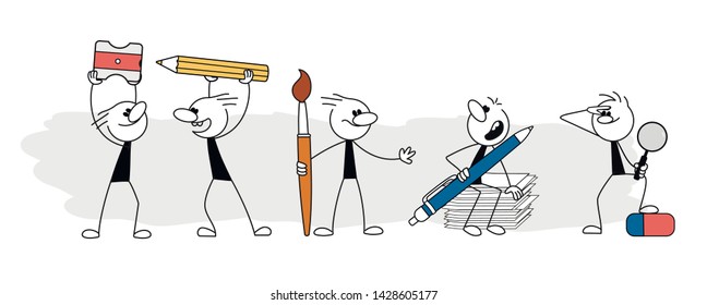 Doodle stick figure: Office supplies with little people. Doodle cute miniature scenes. Hand drawn cartoon vector illustration for business and school design.