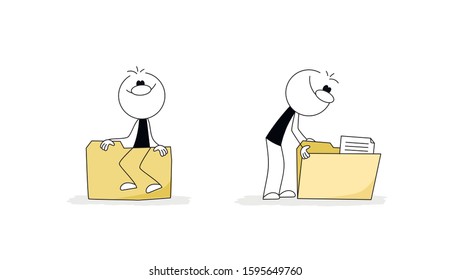 Doodle stick figure: Office worker, clerk at his workplace, search for a document in a folder, paper work. Hand drawn cartoon vector illustration for business  and web design.