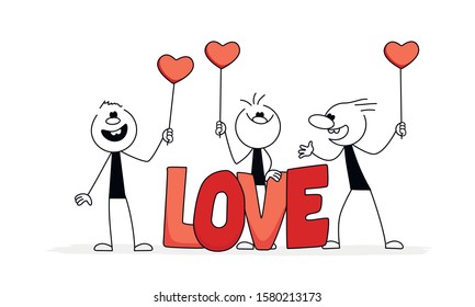 Doodle stick figure: people with big word Love. Men with heart signs. Hand drawn vector illustration for business and romantic design.