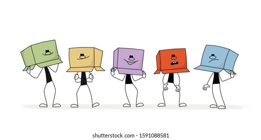 Doodle stick figure: people with boxes on their heads. Hand drawn cartoon vector illustration for business and school design.
