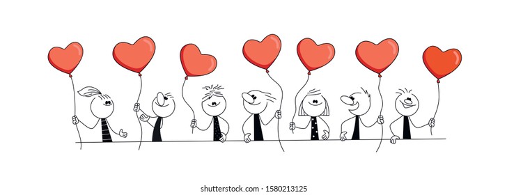 Doodle stick figure: People with with heart shaped balls. Hand drawn cartoon vector illustration for business or school design.