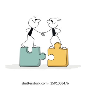 Doodle stick figure: people with puzzles, handshake. Hand drawn vector illustration for business and social design.