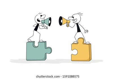 Doodle stick figure: people with puzzles, speaker. Hand drawn vector illustration for business and social design.