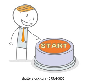 Doodle stick figure pushing start internet button