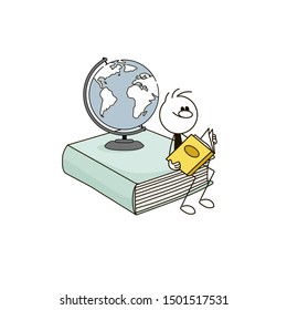 Doodle stick figure: reading man sitting on big book with globe. Hand drawn cartoon vector illustration for business and school design.