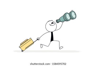 Doodle stick figure: Running man with a suitcase and binoculars. Hand drawn cartoon vector illustration for business design.