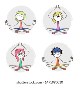 Doodle stick figure: Set with cartoon girls in yoga lotus pose. Vector.