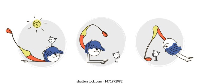 Doodle stick figure: Set with woman exercising various different yoga poses training. Vector.
