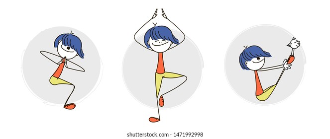 Doodle stick figure: Set with woman exercising various different yoga poses training. Vector.