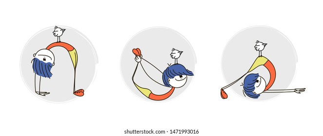 Doodle stick figure: Set with woman exercising various different yoga poses training. Vector.