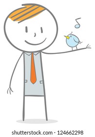 Doodle stick figure: Singing blue bird perched on the hand