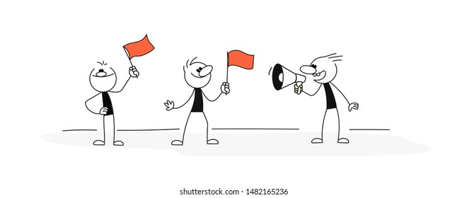 Doodle stick figure: Sketch set of men with flags and speaker. Doodle cute concept about about power. Hand drawn cartoon vector illustration for business design.