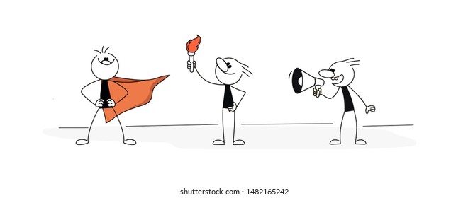 Doodle stick figure: Sketch set of working leader. Doodle cute concept about about power. Hand drawn cartoon vector illustration for business design.