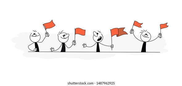 Doodle stick figure: Sketch set of men with flags. Doodle cute concept about power. Hand drawn cartoon vector illustration for business design.