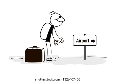 Doodle stick figure: Stickman go to the airport - Vector