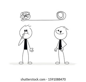 Doodle stick figure: tangle tangled and unraveled, metaphor, business problem solving concept.