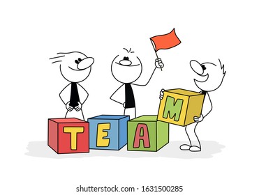 Doodle stick figure: Tree men and cubes with letters. Teamwork concept. Hand drawn cartoon vector illustration for business and school design.