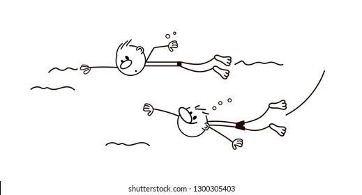 Doodle stick figure: two boy in the swimming pool. Vector.